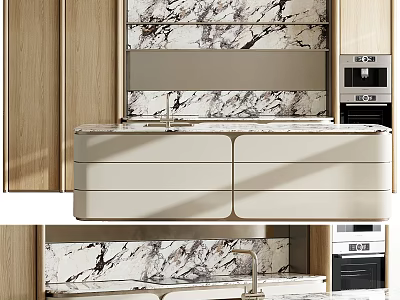 Modern Kitchen Interior With Marble Countertop Cabinets Drawers And Appliances 3d model