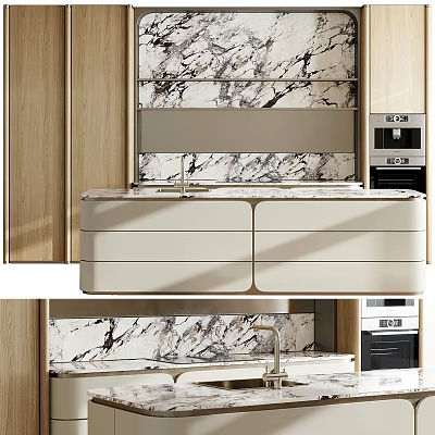 Modern Kitchen Interior With Marble Countertop Cabinets Drawers And Appliances 3d model