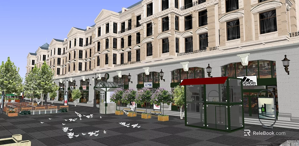 Commercial Street With European Style Buildings Street Lamps Green Plants And Pigeons 3d model 