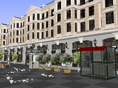 Commercial Street With European Style Buildings Street Lamps Green Plants And Pigeons 3d model