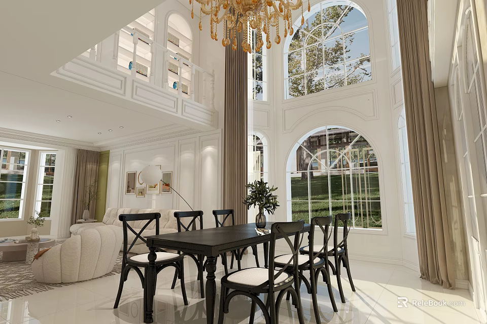 Elegant Dining and Living Room Interior With Chandelier Large Windows Sofa And Dining Table Set 3d model