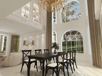 Elegant Dining and Living Room Interior With Chandelier Large Windows Sofa And Dining Table Set 3d model