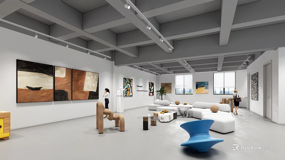 Modern Art Gallery Interior With White Walls Gray Ceiling Abstract Paintings White Sofas Modern Sculptures 3d model 