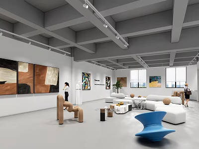 Modern Art Gallery Interior With White Walls Gray Ceiling Abstract Paintings White Sofas Modern Sculptures 3d model