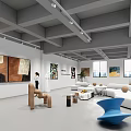 Modern Art Gallery Interior With White Walls Gray Ceiling Abstract Paintings White Sofas Modern Sculptures