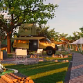 Scenic Campsite With Camper Van Tents Green Grass Pathway Trees And Evening Lighting