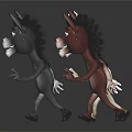 Three Cute Cartoon Donkeys In Different Colors Standing Poses On Dark Background 3d model