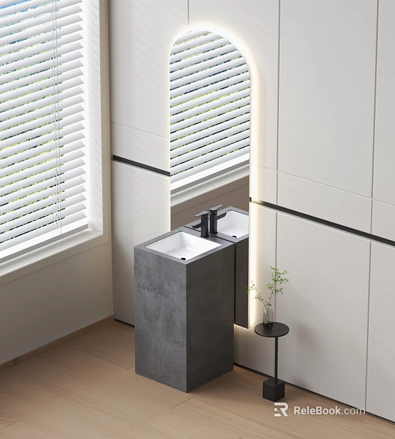 Modern Washbasin Design By Window With Gray Countertop Black Faucet And Small Plant 3d model 