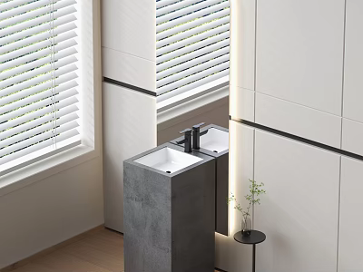 Modern Washbasin Design By Window With Gray Countertop Black Faucet And Small Plant 3d model