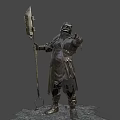 Helmeted Game Movie Knight Character In Metallic Armor Holding Spiked Spear Pointing Forward