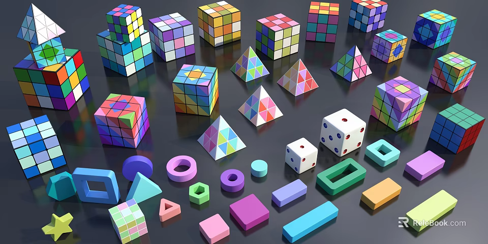 Vibrant Colored Geometric Shapes Collection With Rubik's Cubes Pyramids Dice And Blocks 3d model 