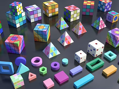 Vibrant Colored Geometric Shapes Collection With Rubik's Cubes Pyramids Dice And Blocks 3d model