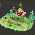 Playful Little Lion In Red White Circus Tent With Colorful Balloons Green Trees And Joyful Scene