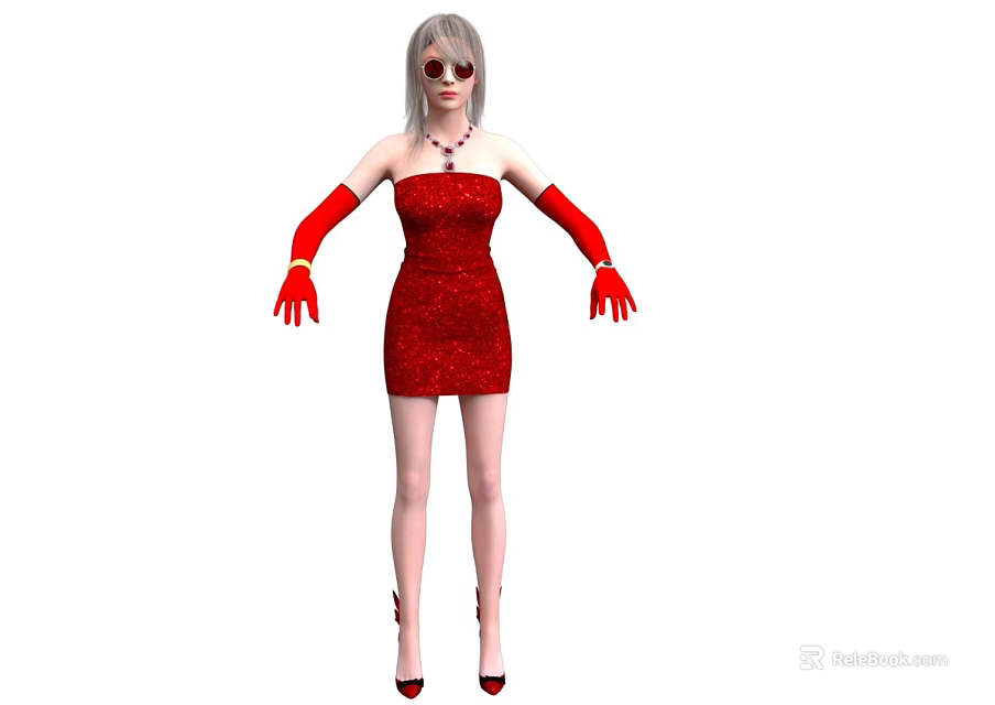 Woman In Red Strapless Dress With Grey Hair Sunglasses Red Necklace And Long Red Gloves 3d model 