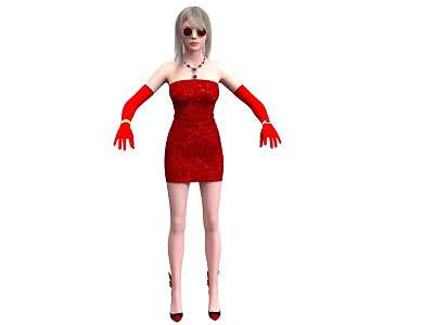 Woman In Red Strapless Dress With Grey Hair Sunglasses Red Necklace And Long Red Gloves 3d model