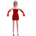 Woman In Red Strapless Dress With Grey Hair Sunglasses Red Necklace And Long Red Gloves
