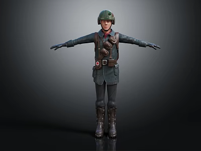 3D Rendered Military Character Wearing Green Helmet Dark Uniform Belt Backpack And Boots Arms Outstretched 3d model