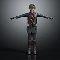 3D Rendered Military Character Wearing Green Helmet Dark Uniform Belt Backpack And Boots Arms Outstretched