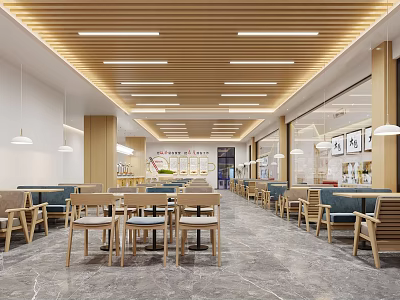 Spacious Restaurant Interior With Wooden Ceiling Slats Pendant Lights Blue Cushioned Seats And Gray Floor 3d model
