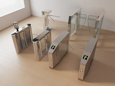 Modern Metal Turnstiles With Glass Doors And Green Indicators For Public Entrance 3d model