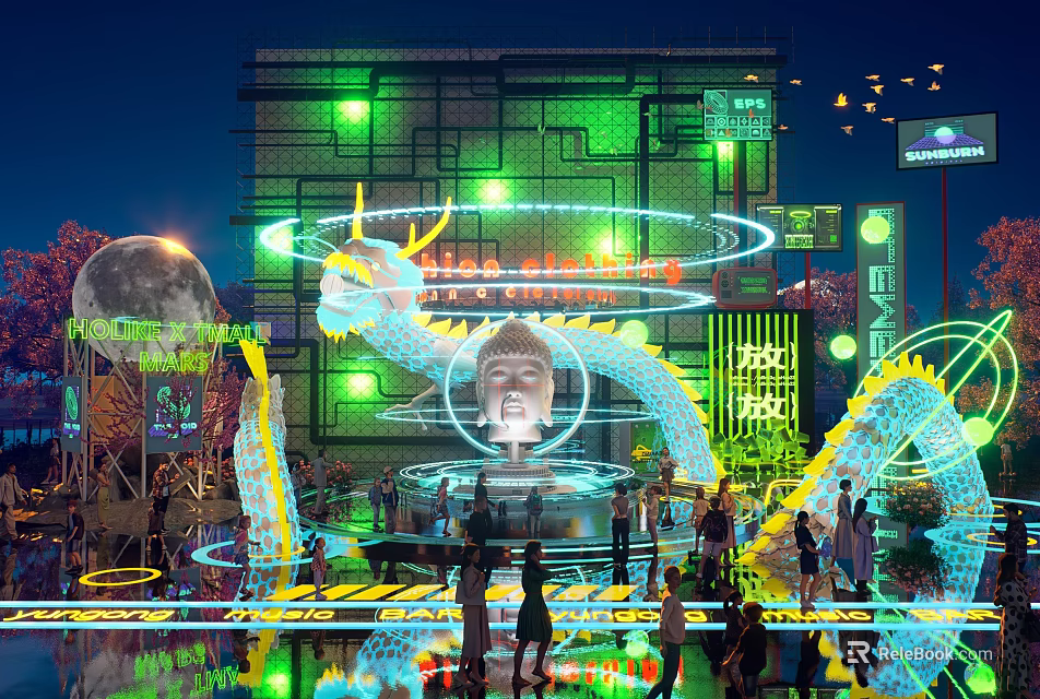 Vibrant Night Commercial Landscape With Green Neon Lights Dragon Decorations and Crowd 3d model 