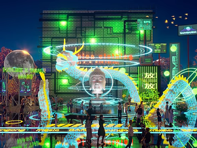 Vibrant Night Commercial Landscape With Green Neon Lights Dragon Decorations and Crowd 3d model