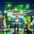 Vibrant Night Commercial Landscape With Green Neon Lights Dragon Decorations and Crowd