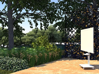Outdoor Scenery With Trees Green Plants Grass Black Lattice Wooden Ground And White Board Stand 3d model