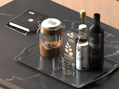 Fresh Food Storage Jar With Wine Bottle And Glasses On Tray Over Black Marble Tabletop 3d model