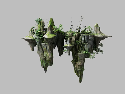 Garden Landscape with Floating Rocks Lush Green Plants and Mossy Surfaces 3d model