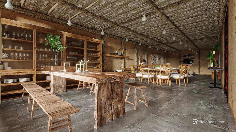 Rustic Restaurant With Wooden Ceiling Bar Counter Chairs Benches Wine Racks And Green Plants 3d model 
