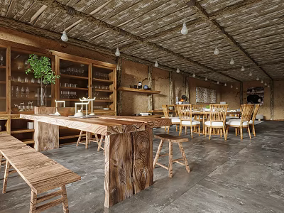 Rustic Restaurant With Wooden Ceiling Bar Counter Chairs Benches Wine Racks And Green Plants 3d model
