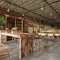 Rustic Restaurant With Wooden Ceiling Bar Counter Chairs Benches Wine Racks And Green Plants