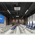 Modern Conference Room Interior With Large Screen Folding Chairs Wooden Wall Panels And Windows