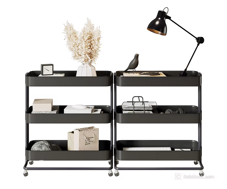 Black Multi-Tier Storage Shelving Units with Wheels Decorative Items and Home Organization 3d model 