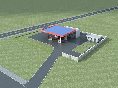 Gas Station With Blue Canopy Red Fuel Pumps Side Building Road Access And Green Grass 3d model