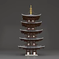 Traditional Multi tiered Pagoda With Golden Spire Tile Roof And Wooden Structure