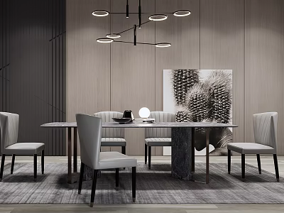 Modern Dining Table Set With Marble Top Upholstered Chairs And Pendant Lights 3d model