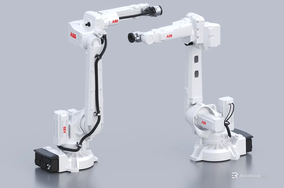 ABB Intelligent Robotic Arms Featuring White Bodies Black Cables and Stable Bases on Gray Background 3d model 