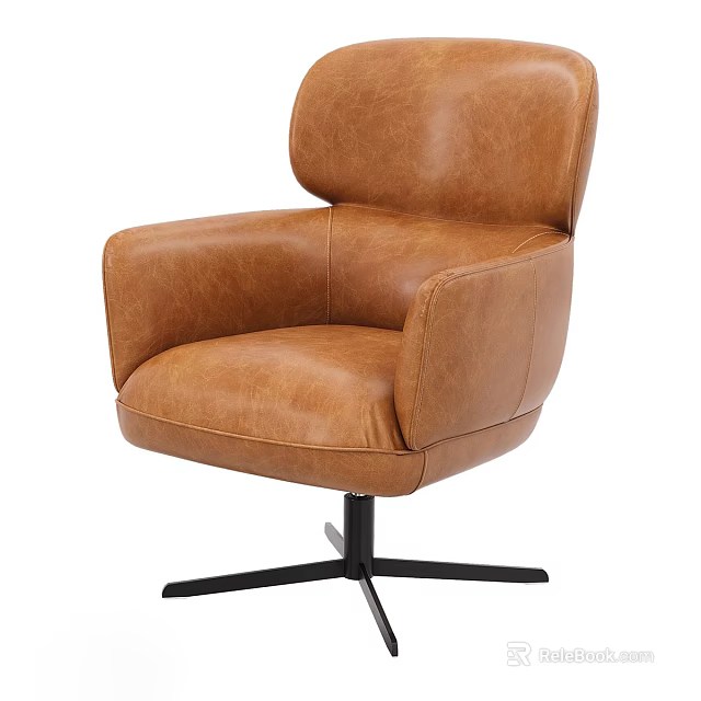 Brown Leather Single Sofa With High Back Armrests And Black Star Base 3d model 