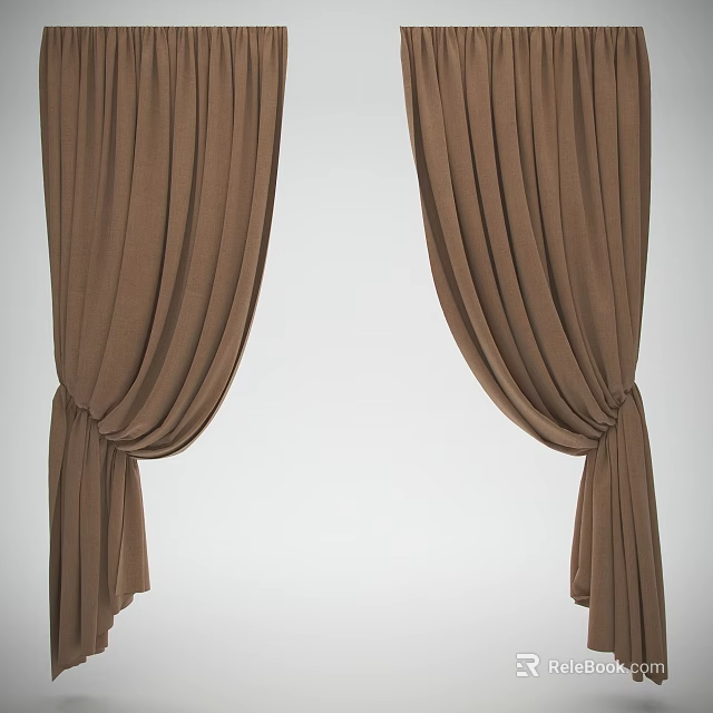 Elegant Brown Curtains With Pleated Design And Double Layer On White Background 3d model