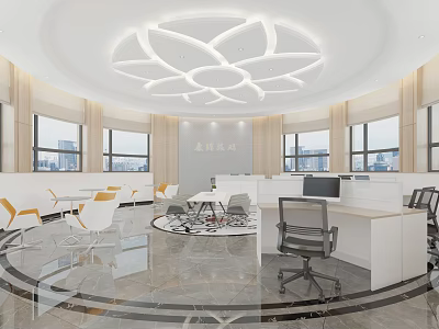 Modern Public Office Space Interior With Circular Ceiling Large Windows City View And Marble Flooring 3d model