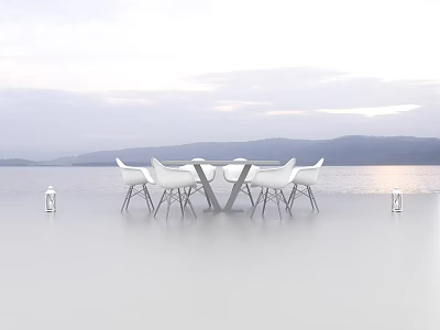 White Outdoor Table With Chairs Against Lake And Mountain View Sky 3d model