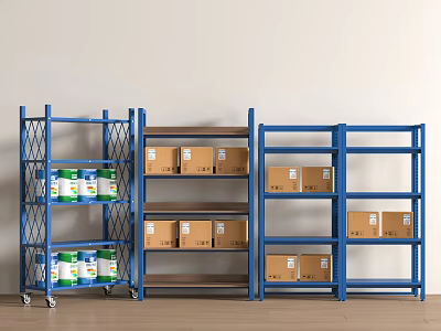 Blue Industrial Storage Racks with Wheels and Wooden Shelves Holding Cardboard Boxes and Cans 3d model