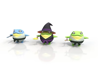 Cute Cartoon Frog Characters With Wizard Hat Blue Green Colors And Holding Props 3d model