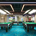 Modern Billiard Room With Multiple Tables Green Felt Surfaces Blue Patterned Carpet And Large Windows