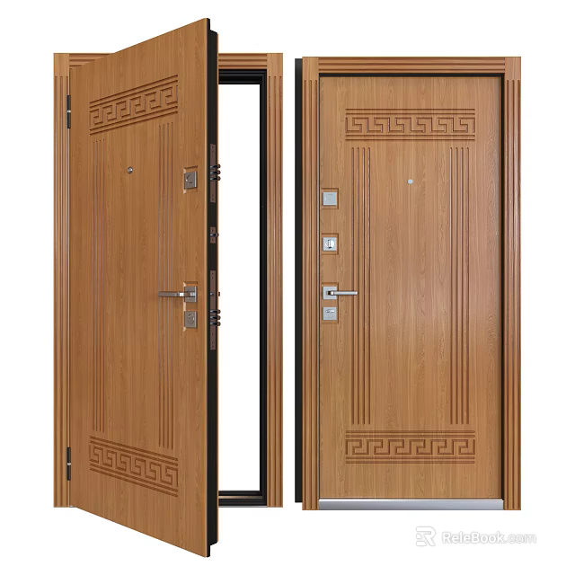Wooden Security Door With Carved Patterns And Modern Door Lock Design 3d model
