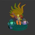 Colorful 3D Character Model With Yellow Hair Green Weapon And Blue Creatures On Green Base