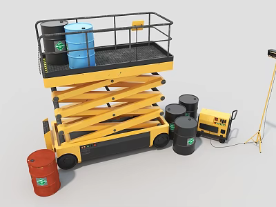 Heavy Duty Industrial Scissor Lift Mobile Work Platform With Guardrails And Industrial Drums 3d model