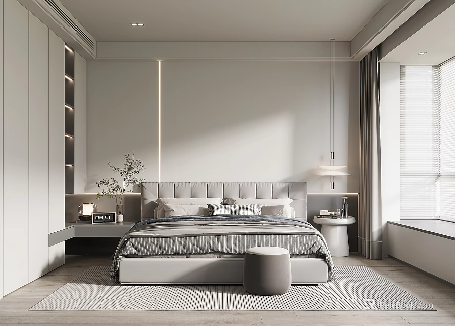 Modern Bedroom Interior Design With Large Bed Nightstand Wardrobe And Area Rug 3d model 
